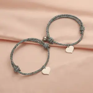 2PCS Couple Bracelets Fashion Trendy Love Tag Magnetic Rope Woven Hand Rope Heart Charm Bracelet Set