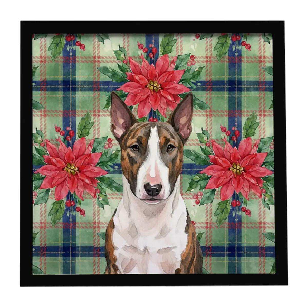 Carolines Treasures WDK8549MFP88 8x8 in. Artistic Brindle & White Bull Terrier Christmas Poinsettias Framed Metal Print, Wall Hanger, Home Decor, Gift-Worthy Flower-Themed Plaid Accent Decoration