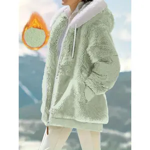 Women's Plush Fleece Zip-Up Hooded Jacket - Relaxed Fit Winter Coat with Soft Faux Fur Trim, Machine Washable Casual Outerwear for Fall & Winter, Fleece Jacket, Cold Weather Apparel, Cozy Warm Fabric