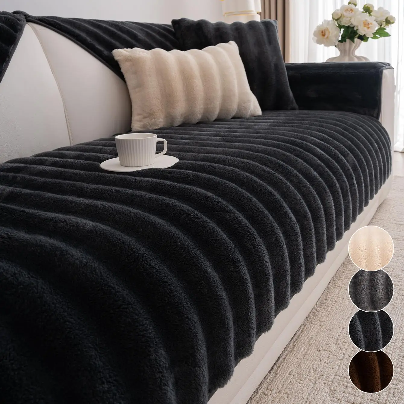 Solid Color Plush Sofa Cushion Cover, 1 Count Non-slip Soft Comfortable Sofa Mat, Sofa Protector for Home Living Room Bedroom Hotel Dormitory Decor, H