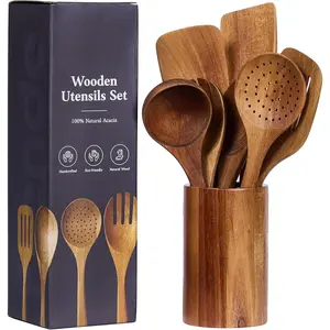 Wooden Cooking Utensils Set, 8- Acacia , Rustic, Non-Scratch, Heat Resistant,  Color, Plastic Free, Kitchen Utensils Set