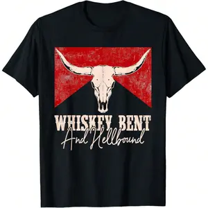 Whiskey Bent And Hellbound Graphic Western Cactus Deserts T-Shirt, Oversized Short Sleeve Classic Heavy Cotton T Shirt Printed Graphic Tee Men Women's Casual Short-Sleeved Top
