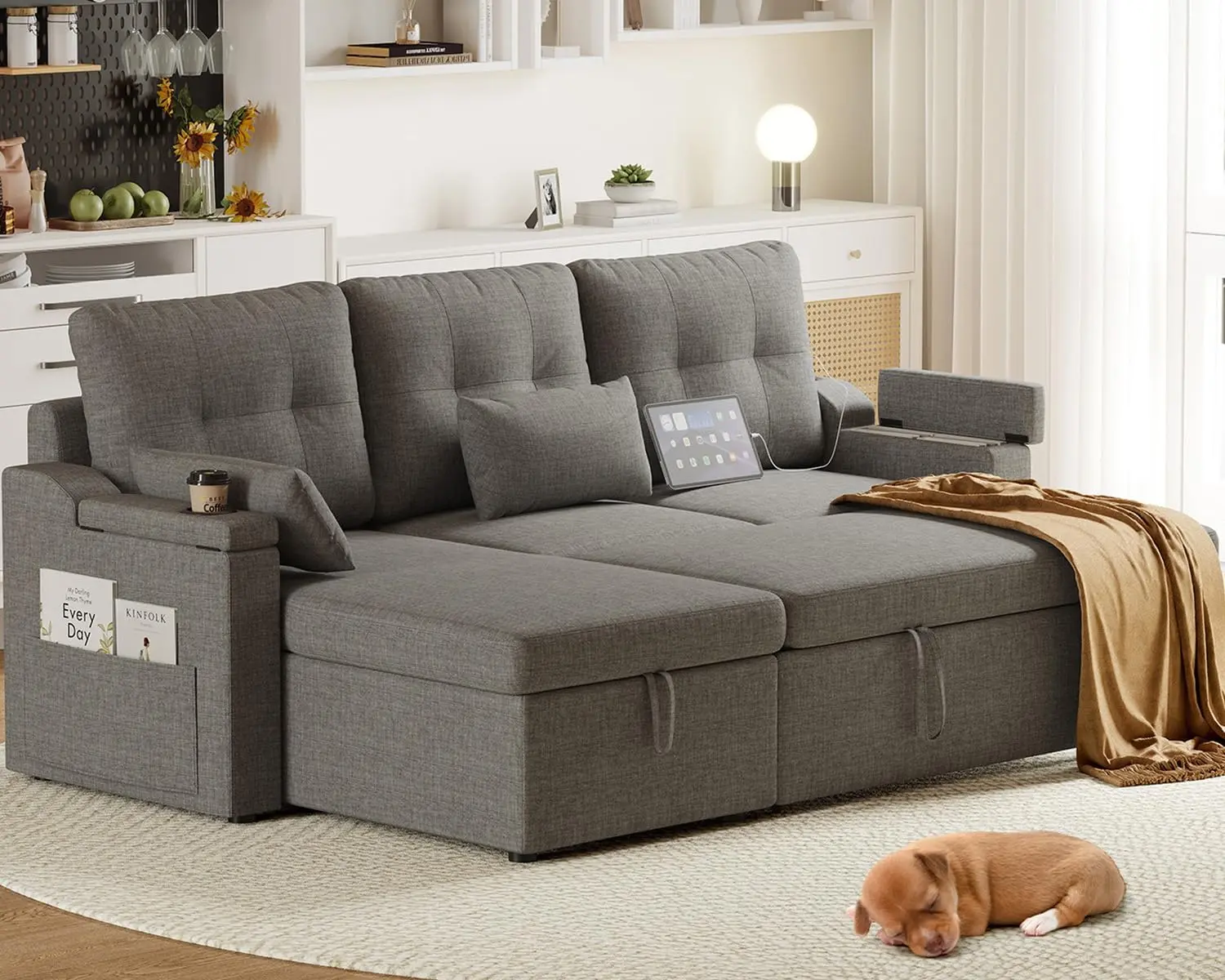 Modern Upholstered L-Shaped Reversible Sectional Sofa Couch - Pull-Out Sleeper Bed, Built-In Storage, Removable Covers, USB Type-C Ports, Gray Indoor Sofas Living Room Furniture, Modern Upholstered Sofa