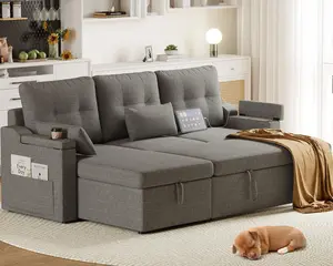 L-Shaped Reversible Sectional Sofa Couch - Pull-Out Sleeper Bed for Spacious Sleep, Built-In Storage, Removable Covers, USB Type-C Ports - Gray Indoor Living Room Furniture, Pull-Out Bed