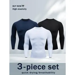 3 Pack Men's Slim Shape Top Sports Fitness Long Sleeve, Slim Tight Top, Comfortable Moisture Wicking Corset, Outdoorfun,Quick Drying and Breathable Outdoor Casual Fitness Riding Soccer Basketball T-Shirt Fathersdaygift