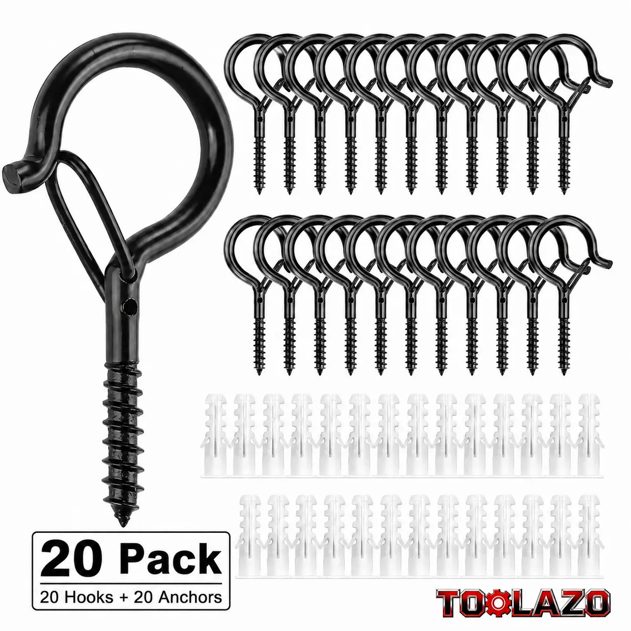 TOOLAZO 20-Pack Heavy-Duty Black Threaded Screw-In Outdoor Eye Hooks - 2.2-In Q-Hangers, Corrosion-Resistant Metric Stainless Steel Rivet Nut Kit with Locking Nylon Insert Locknuts for Lanterns, Fairy Lights, Hanging Plants