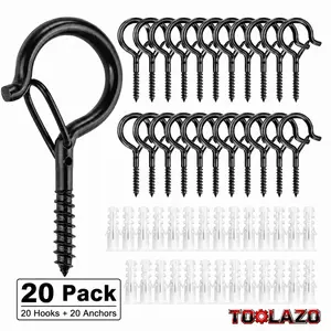 TOOLAZO 20-Pack Heavy-Duty Black Outdoor Hooks, 2.2-Inch Eye Cup Q-Hangers for Hanging Plants, String Lights, Patio Lights - Stainless Steel Metric Rivet Nut Assortment Kit with Nylon Insert Locknuts (Ceiling, Wall, Wood Fence, Deck Mount)