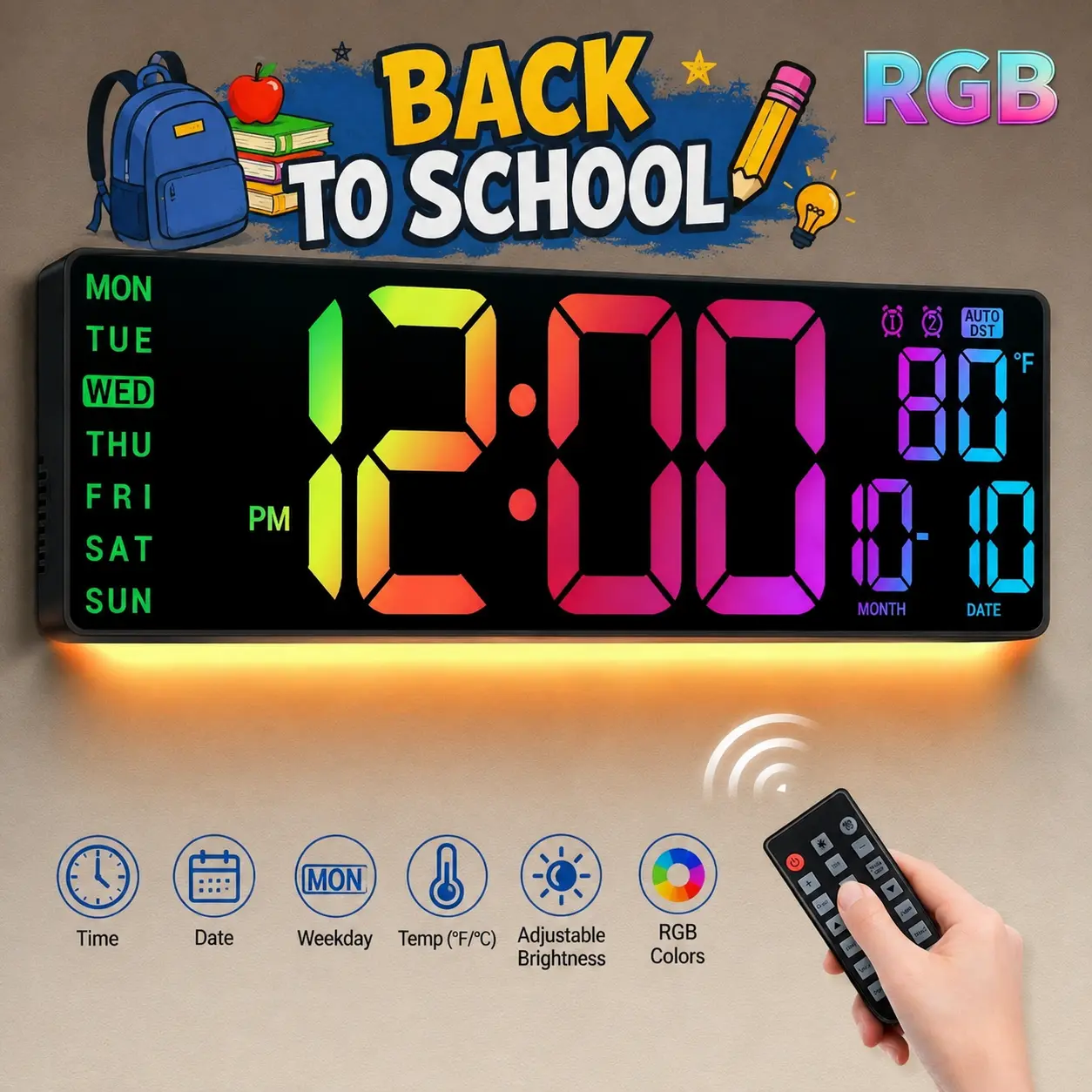 16.5" Large LED Display Digital Wall Clock - Back to School Plastic Hangable Clock Automatic with RGB Color Changing LEDs, Remote Control, 11 Color Modes, Dual Alarms, Temperature, Auto DST, Easy Reading Home Decor for Gaming Room