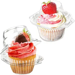 50 Pcs Individual Plastic Cupcake Boxes Single Cupcake Carrier with Connected Airtight Dome Lid for Party