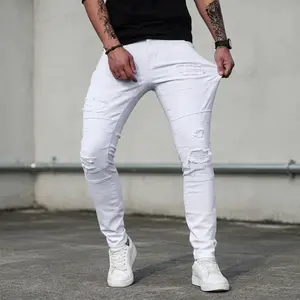 Men's White Jeans Fashion Slim Fit Stretch Ripped Patchwork Casual Streetwear Skinny Denim Pants