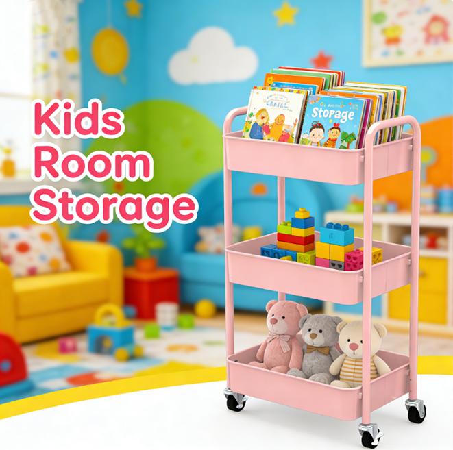 3-Tier Rolling Metal Storage Organizer Mobile Utility Cart with Caster Wheels Pink Blade Stand Durable Powder-Coated Steel Frames Mesh Baskets Easy Installation