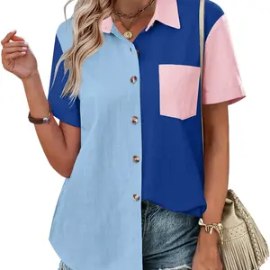 Womens Button Down Shirts Color Block Short Sleeve Cotton Linen Summer Causal Blouses Tops