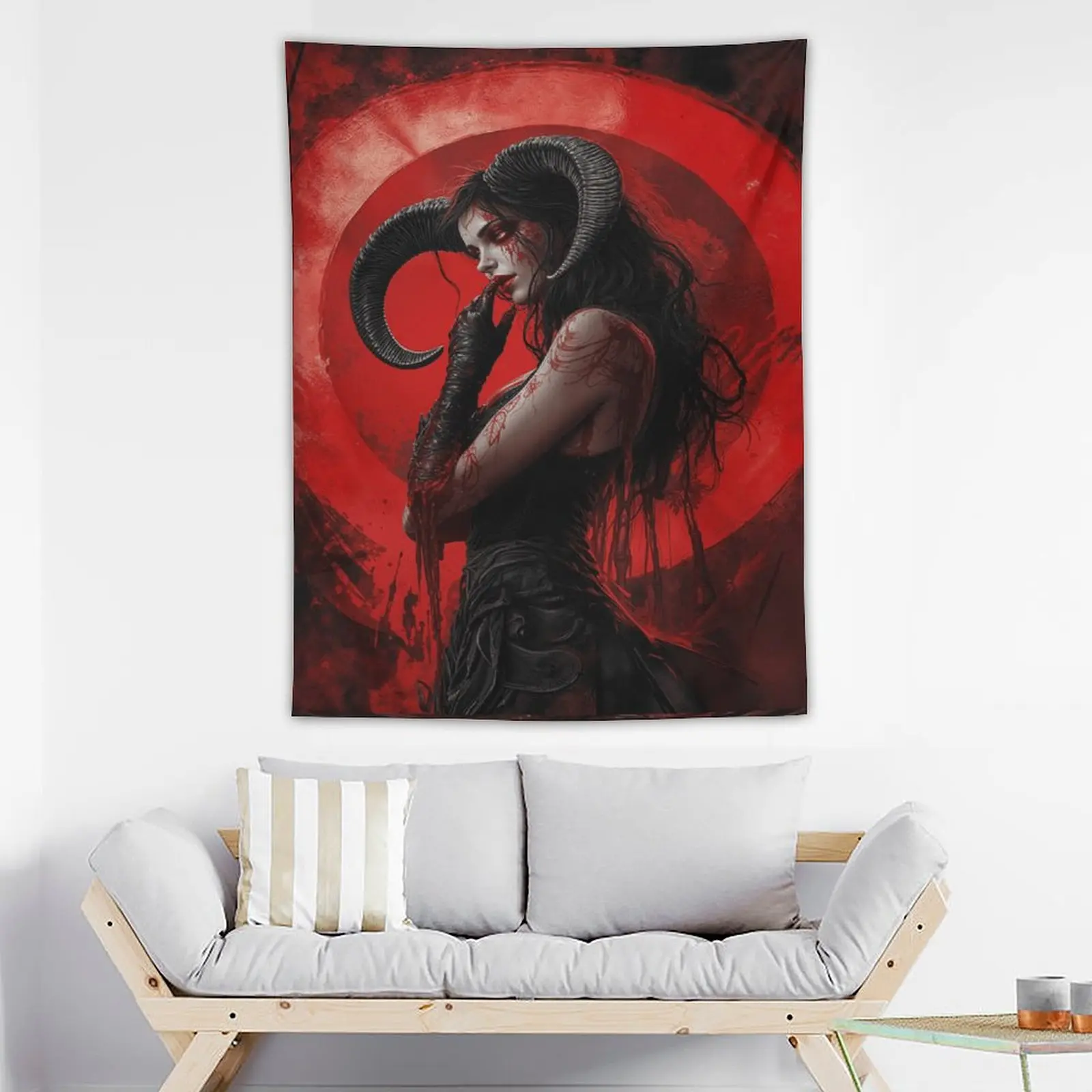 Gothic Demon Woman Tapestry, Dark Occult Wall Decor Art ,4.17x5 Ft