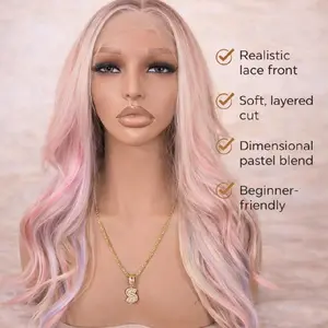Watered Souls Lilly Cupcake 24" Blonde Pastel blend Synthetic wig. 13x4 Lace front premium Futura fibers, 120 density, Scandinavian hairlne Heat Tolerance 350. She comes with a free wig cap and gift.