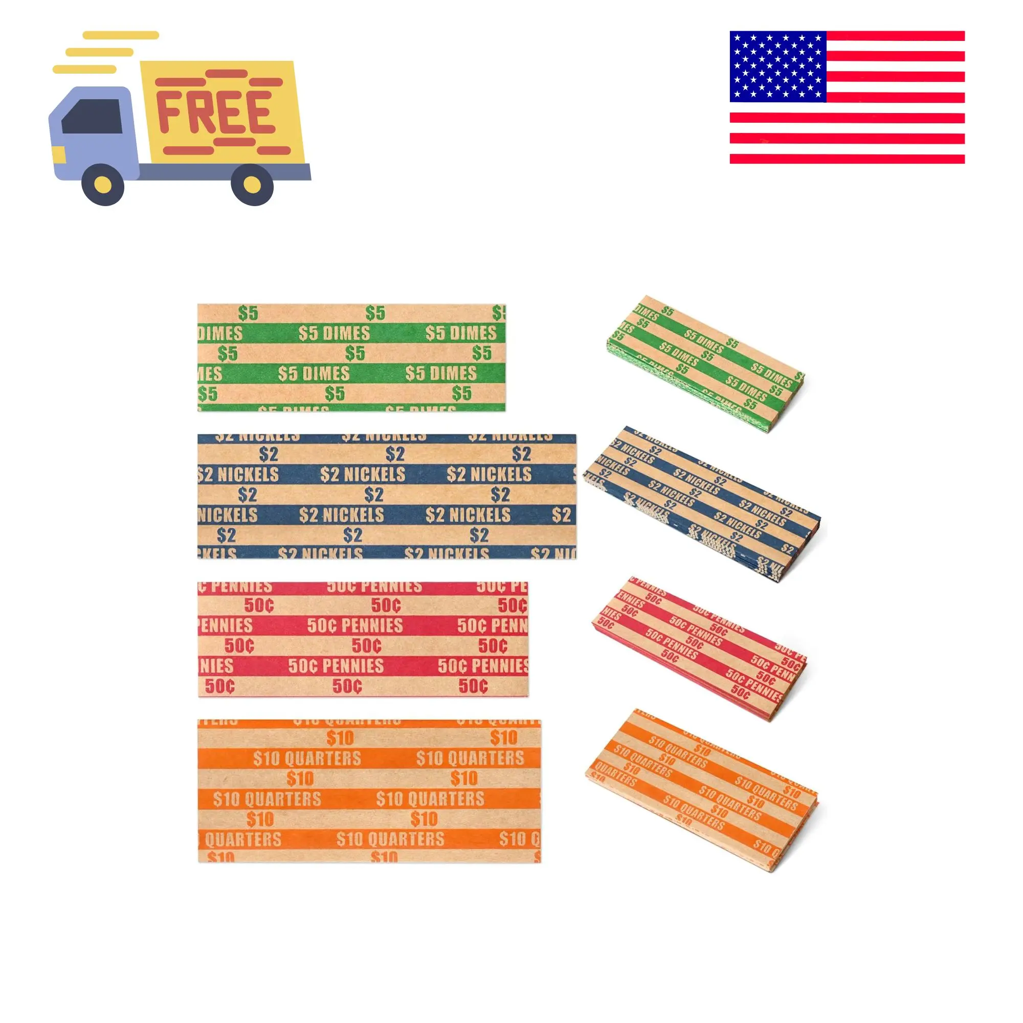 100 pcs Assorted Packed Flat Stripped Coin Wrappers, Coin Rolls Wrapper for Quarters, Dimes, Nickels, Pennies