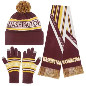 Knitted Washington Ribbed Beanie Scarf & Gloves Set Jacquard Design Elastic Warm Winter Accessories for Football Fans Winter Fashion