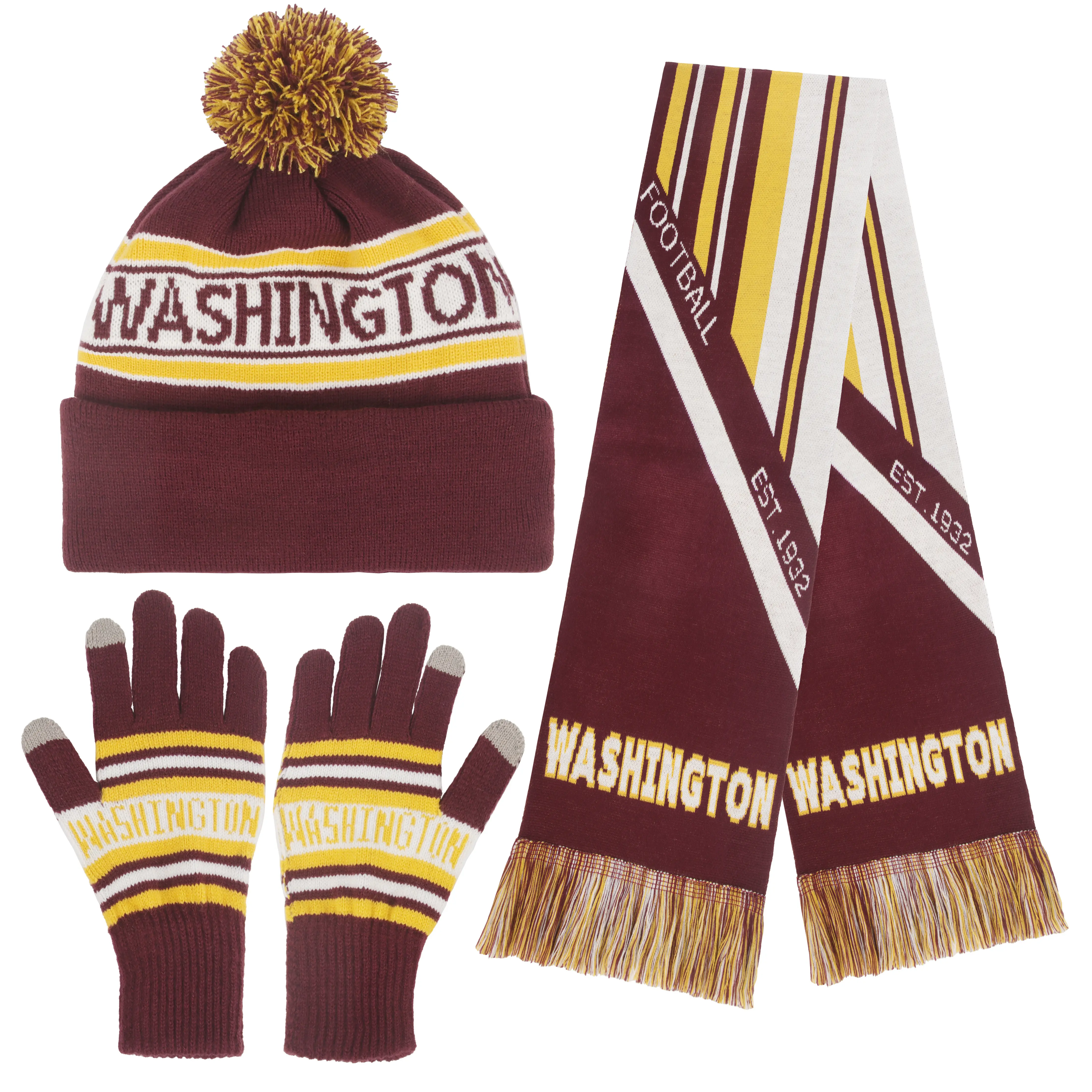 Knitted Washington Ribbed Beanie Scarf & Gloves Set Jacquard Design Elastic Warm Winter Accessories for Football Fans Winter Fashion