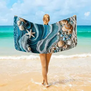 1pc Starfish & Shell Print Microfiber Beach Towel | Ultra Absorbent & Quick-Drying | Lightweight, Soft, Oversized Beach Blanket & Travel-Friendly | Perfect for Holidays, Beach Days & More