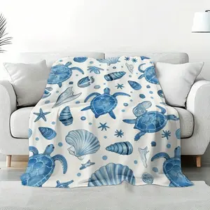 1pc Blue Sea Shells Starfish Nautical Bedspread - Soft Flannel Blanket, Bedspread Couch Or Bed, Coastal Bedding, All-Season Cozy Comforter Cover, Sea Theme Decor In Blue Greens Whites (If Multi-Color), Birthday Mother's Day Size 70x140cm/27. 56x55. 12 In