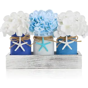 Coastal Beach Decor, Mason Jar Beach Party Themed Decorations Centerpieces with Hydrangea, Sarfish Decor, Wood Tray, 10 Pcs Coastal Beachy Table Decoration Indoor Outdoor for Room Home Bathroom