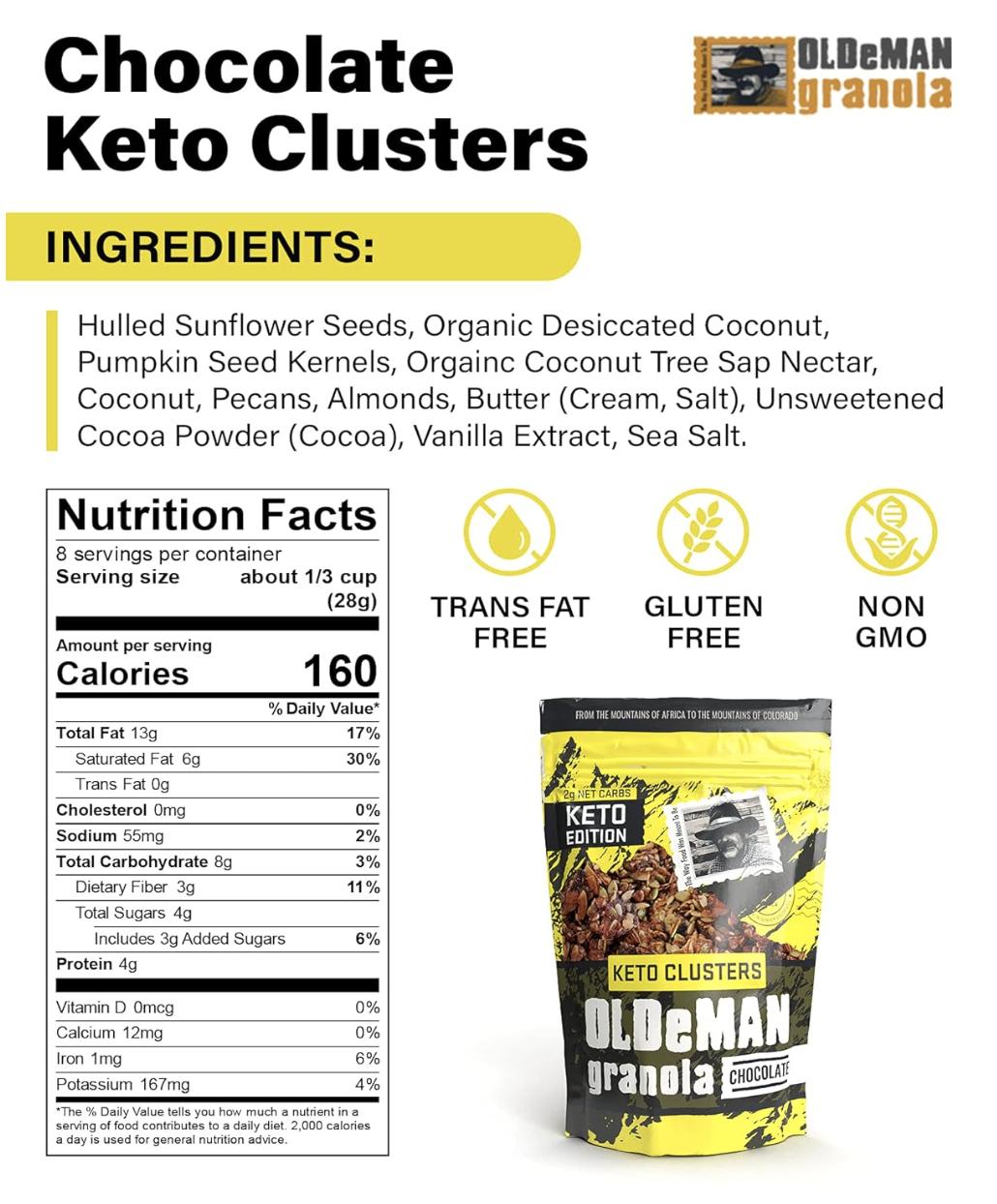 Olde Man Granola Gluten Free Keto Granola - Non-GMO Healthy Keto Granola Cereal - Low Carb Granola Keto Friendly - Ketogenic Granola Handmade in Colorado (Chocolate, 8oz Pack)