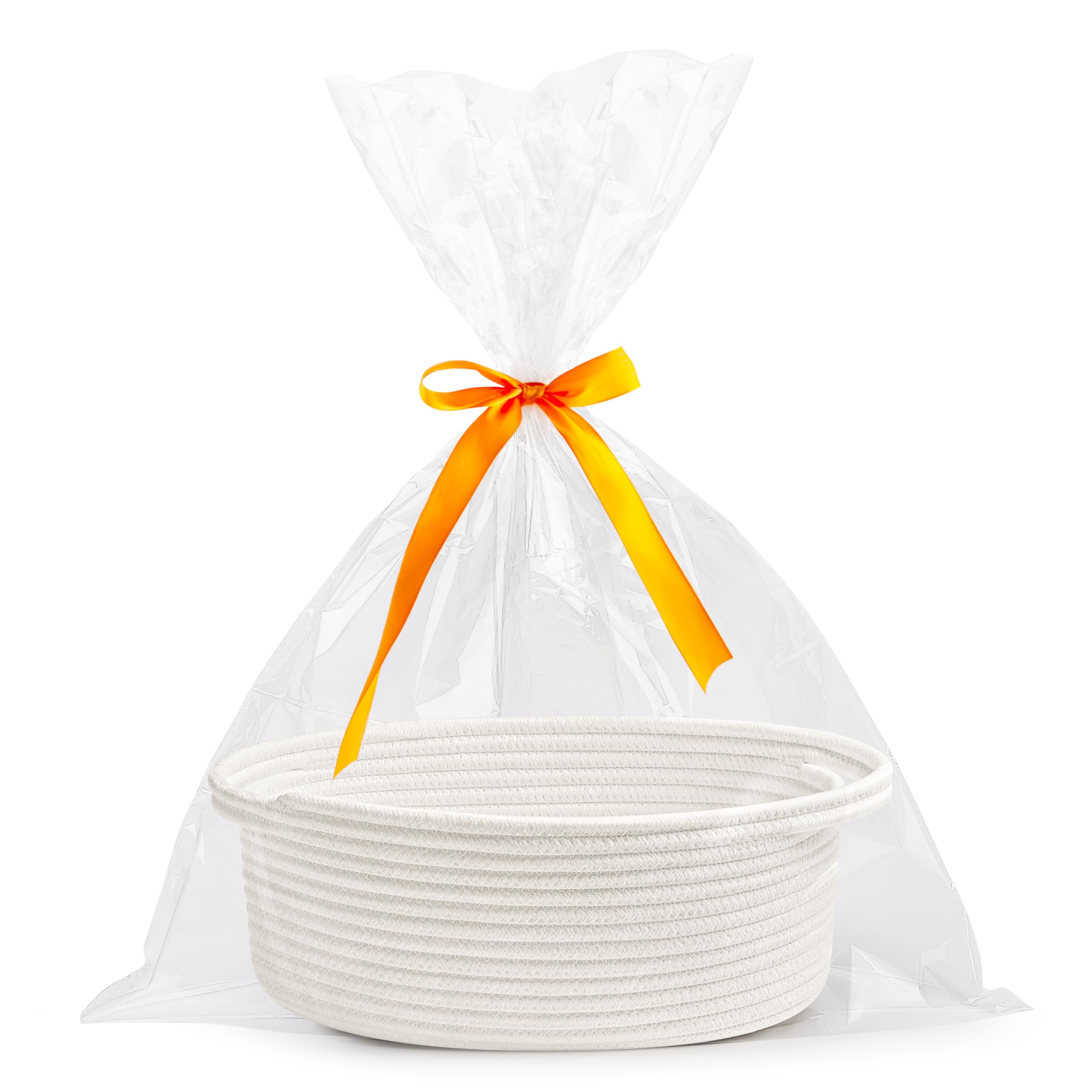 Small Woven Easter Basket with Gift Bags and Ribbons,Durable Burr Baskets for Gifts,Empty Small Rope Basket for Storage 12"X 8" X 5" Baby Toy Baskets with Handles, White