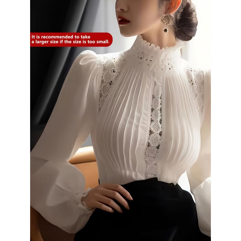 Women's Elegant White Sports Shirt - Lace Trim Ruffled Turtleneck & Bubble Sleeves, Breathable Machine-Washable Top for Casual or Active Wear,Casual Elegant Wear | Lace Detail Shirt | Elegant Design, Lace Blouse Fabric Womenswear