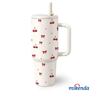1 Pc 40 Oz Stainless Steel Water Cup with Handle and Straw, Cherry and Red Bow Pattern Design, Double Wall Insulated Thermal Mug, Hot 12H/ Cold 24H, Fun Drinkware, Travel Tumbler, Perfect Easter, Mother's Day or Birthday Gift for Friends.