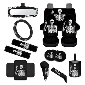 Car Seat Cover 14 Pieces with Skeleton Pattern Car Seat Cover Full Set - Upgrade Thick Universal Car Front Seat Covers with Steering Wheel Cover, Seat Belt Pads Funny Skeleton Pattern Halloween Decoration Skull Fit Vehicle decor