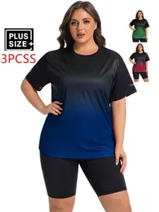 3-Pack Plus Size Gradient Sport T-Shirts for Women, Quick-Dry Athletic Tops for Gym Running, Loose-Fit Colorblock Design, Quick Dry Activewear, Quick Drying Top