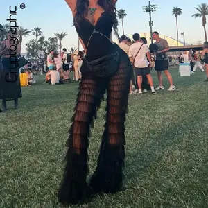 Tiered Mesh Sheer Flare Pants Rave Festival Outfits for Women Halloween  Pants wear Bottoms