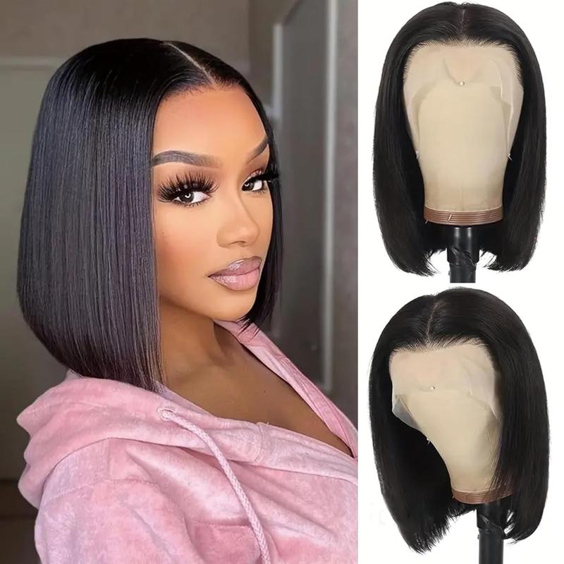 Bob Wig 100% Human Hair Wigs Glueless Lace Front 180% Density 10 Inches Bob, Pre Cut Plucked Lace Short Wig Ready To Go Natural Color Straight Bleached Knots Black Wigs