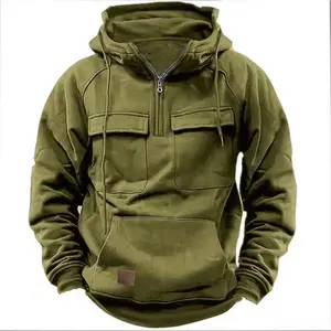 Men's half zipper tactical hoodie, solid color warm fleece workwear style hoodie, men's multi-pocket hooded jacket, men's long sleeve top with hood, practical multi-pocket men's clothing