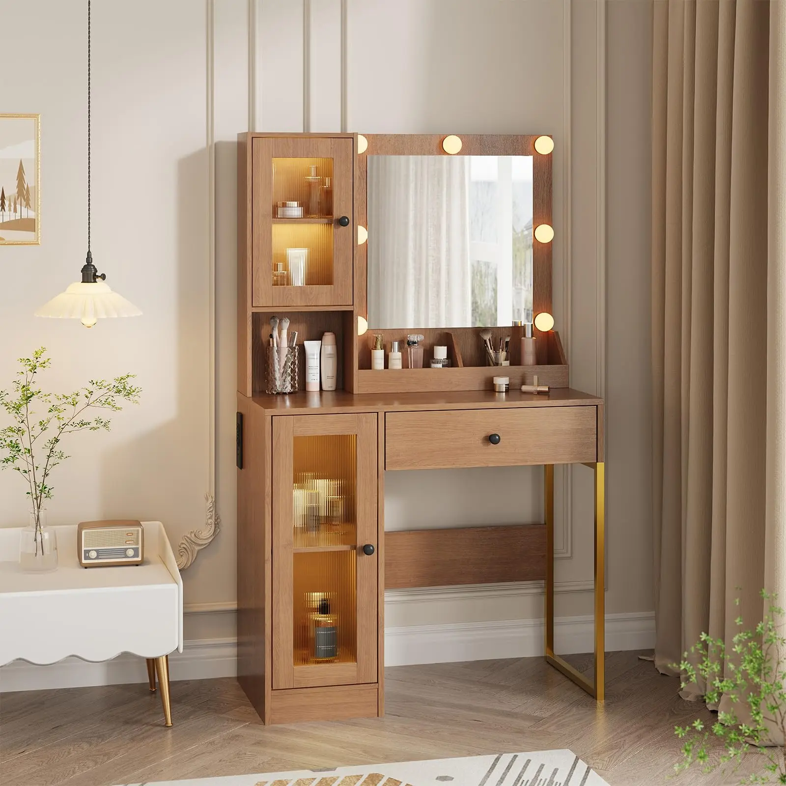 Garvee Makeup Vanity Desk with LED Lights and Mirror, 3 Color Modes Bulbs, Dressing Table with Large Drawers & USB Charging Station for Bedroom Decor, Wood