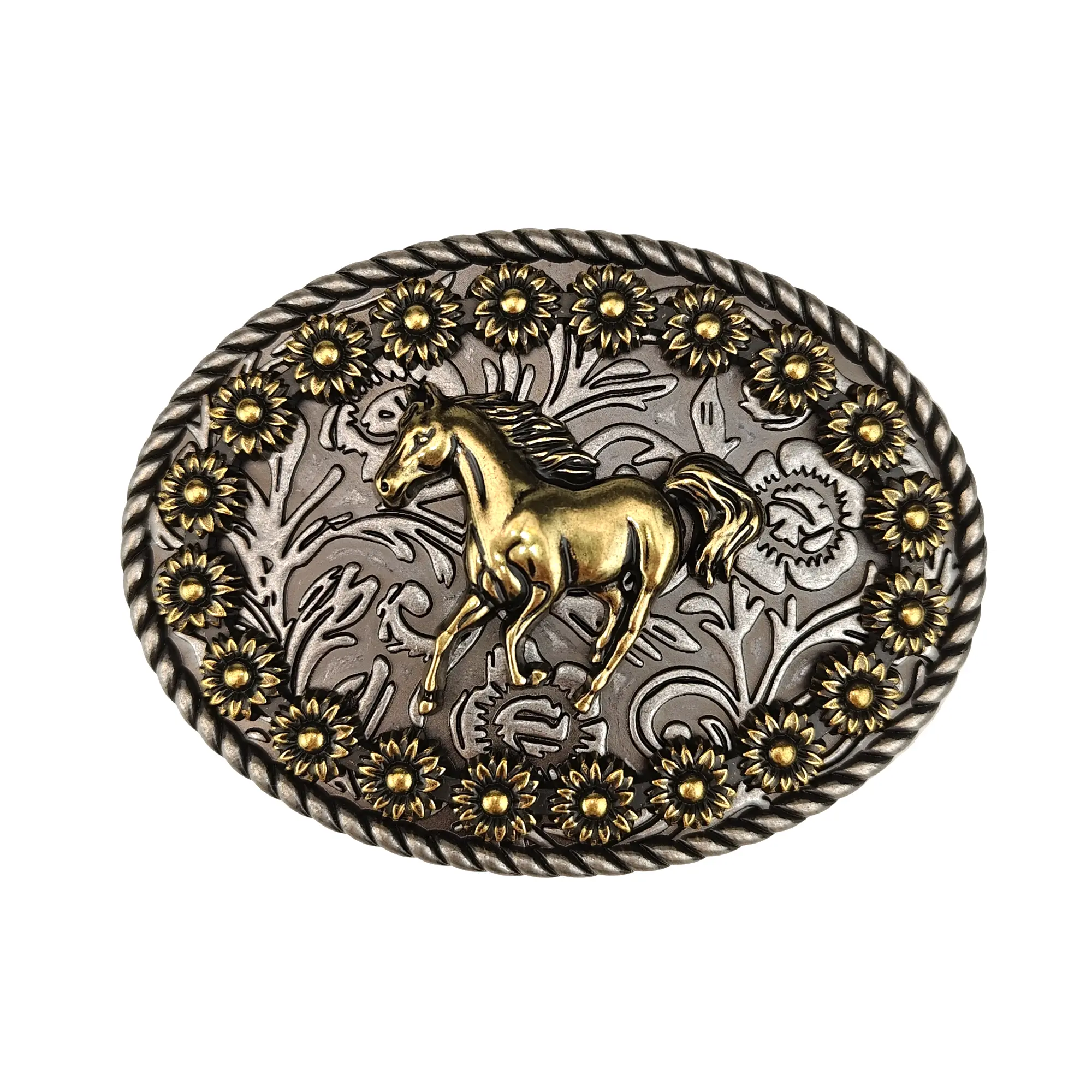 Vintage Western Running Horse Sunflower Belt Buckle, Unisex Zinc Alloy Smooth Slide Belt Buckle, 3D Raised Equine Floral Engraved Cowboy Cowgirl Decorative Buckle Available in Antique Silver & Antique Bronze Finishes