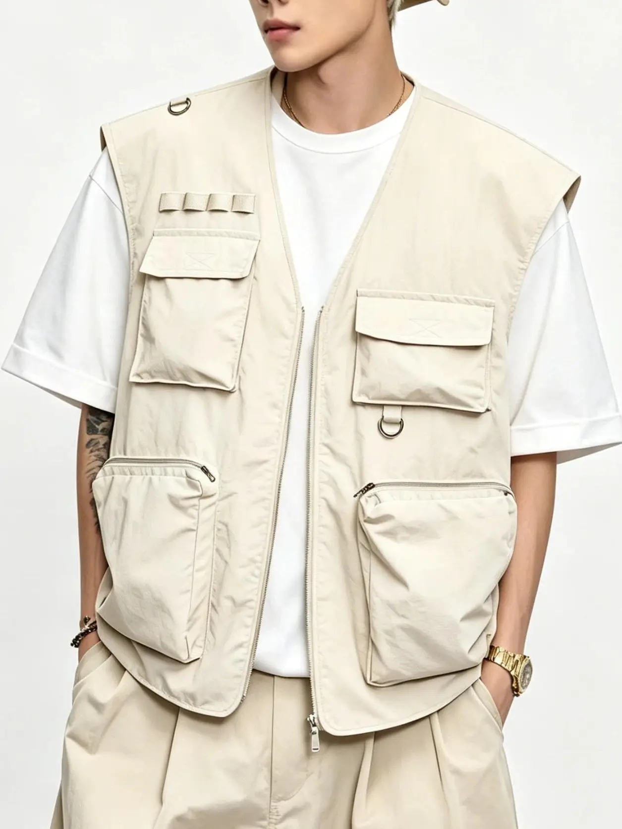 Men's Lightweight Tactical Vest, Casual Polyester Multi-Pocket Utility Outerwear with Zip-Up Closure for Outdoor All Seasons Streetwear, Tops, Menswear, Stylish, Sleeveless, Multi-Pockets, Slim-Fit, Utility Look