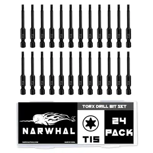 T15 Torx Bits (24 Pack - 2 Inch Impact Grade) 6 Point Torx Star Bit with Hex Shank - Hardened CRM Steel Alloy - Case Included