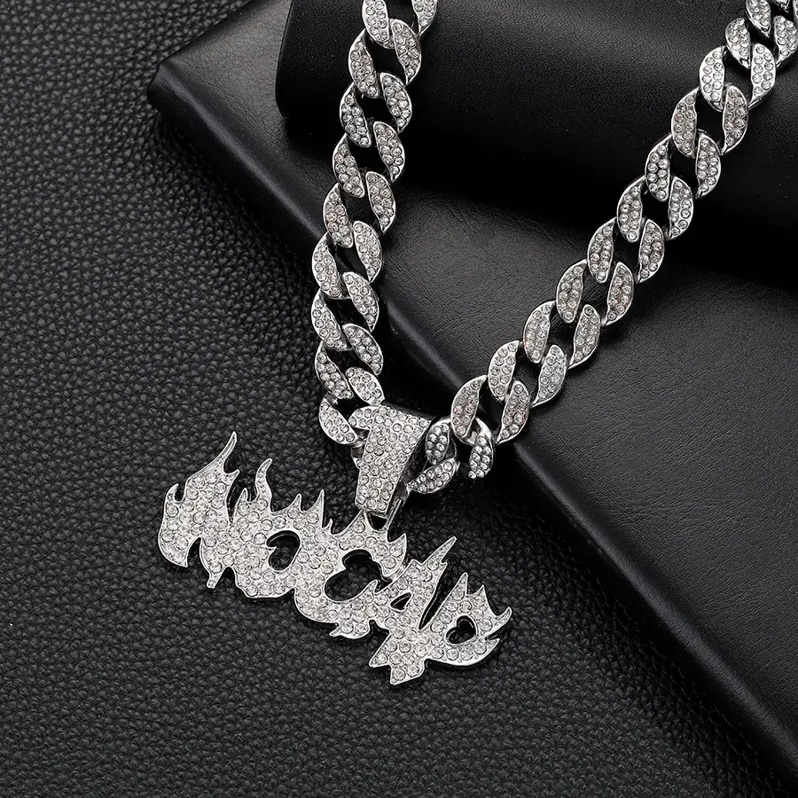 Male Iced Out Cuban Link Initial Necklace - Hip Hop Alloy Chain with Personalized Retro Flame Letter Initial Pendant, Custom Name Ball Chain, Casual Wear Costume Jewelry Accessory