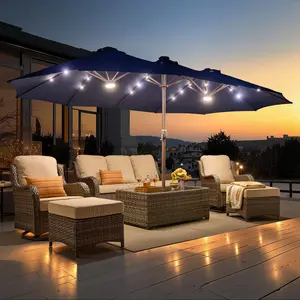15ft Outdoor Patio Umbrella With Base, Solar LED Lights Umbrellas, Patio Tables with Umbrella Hole, Large Patio Umbrella With Crank Handle, Market Table Umbrella, Powerful UV Protective,  For Lawn Garden, Deck, Poolside