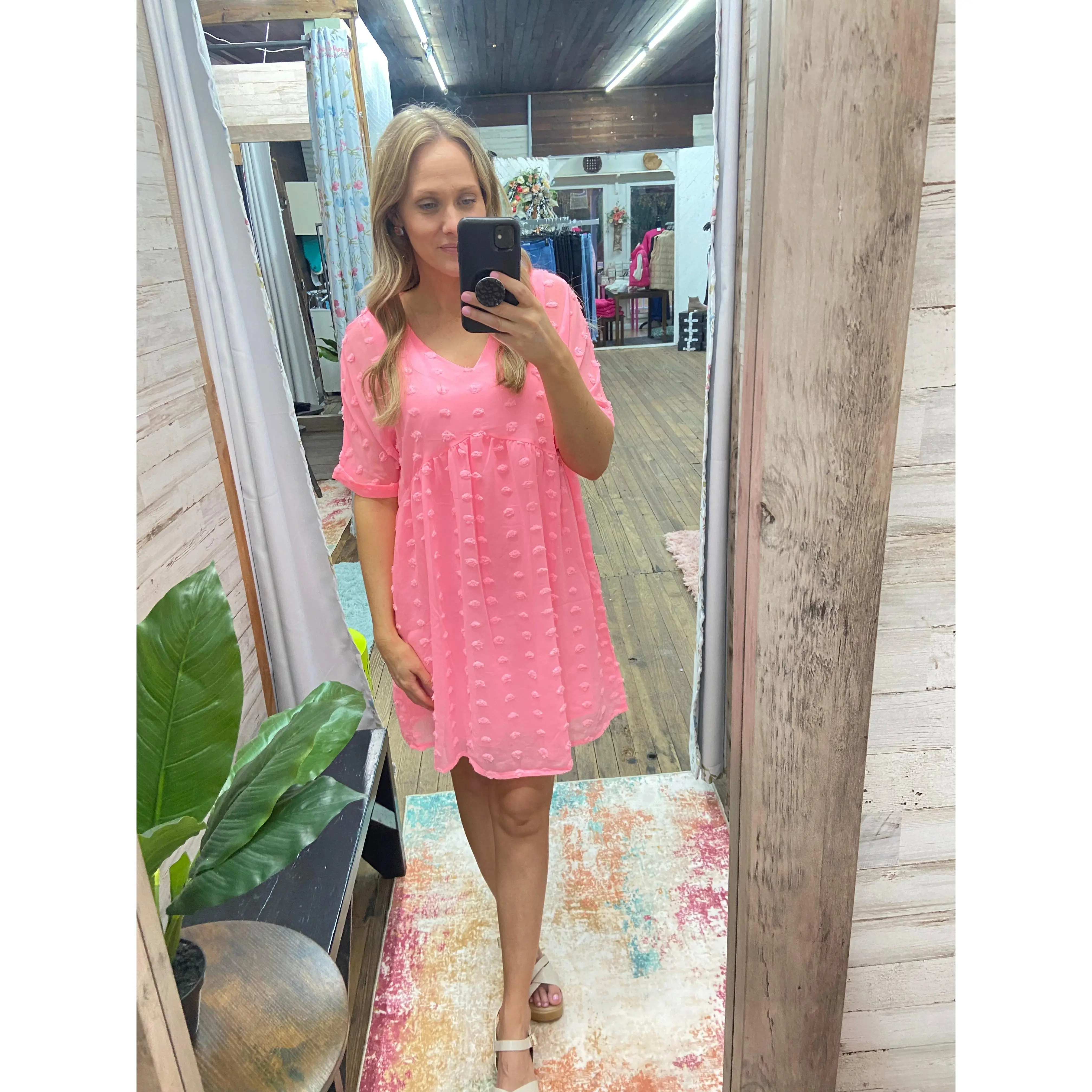 Swiss Dot Babydoll V-Neck Dress