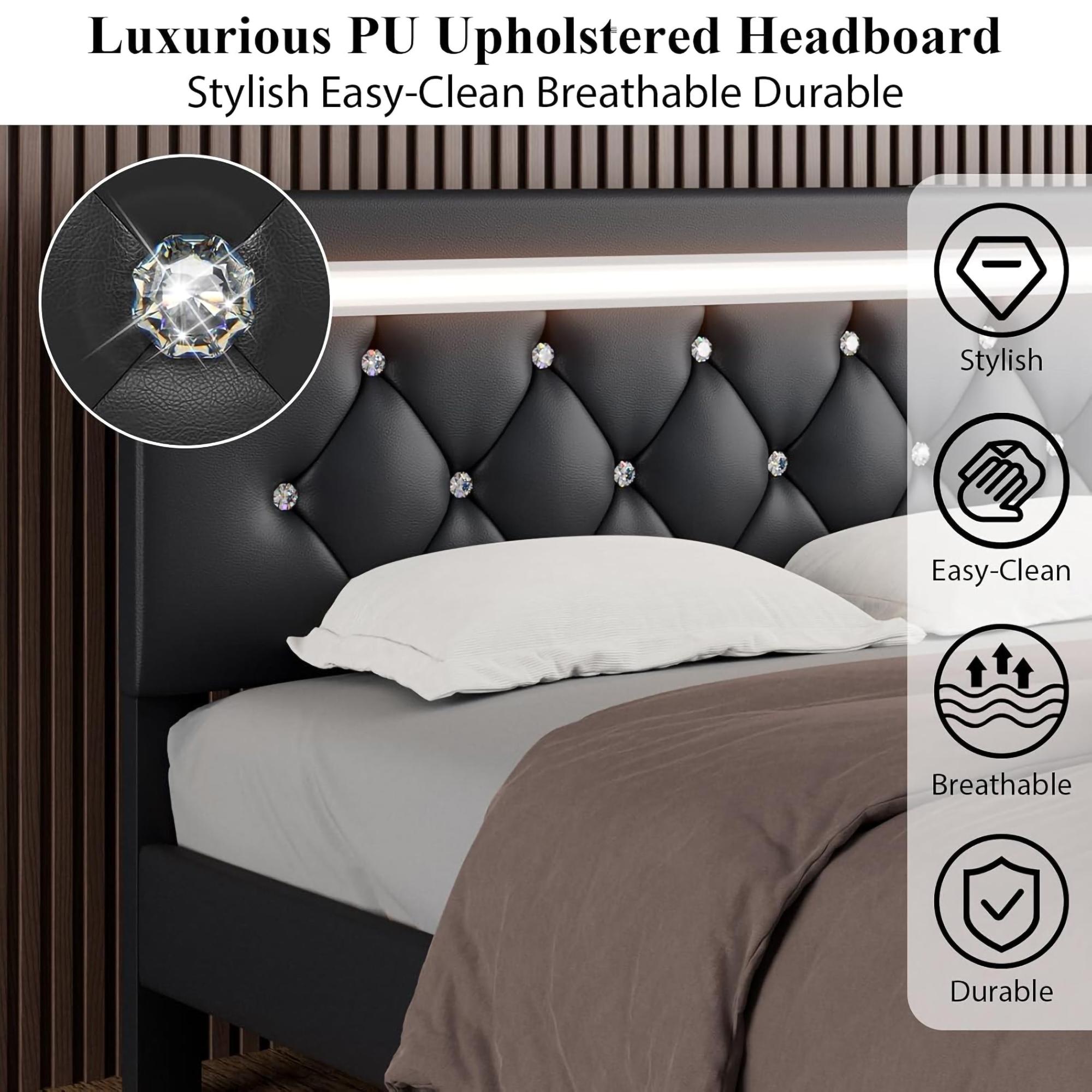 Queen Size Modern Platform Bedframe - Faux Leather Contemporary Upholstered Bedframe with RGB LED Light Headboard, Crystal Button Tufting, Adjustable Headboard, USB Port Charging Station, Sturdy Wood Slats, Hidden Storage, No Box Spring Needed, Black