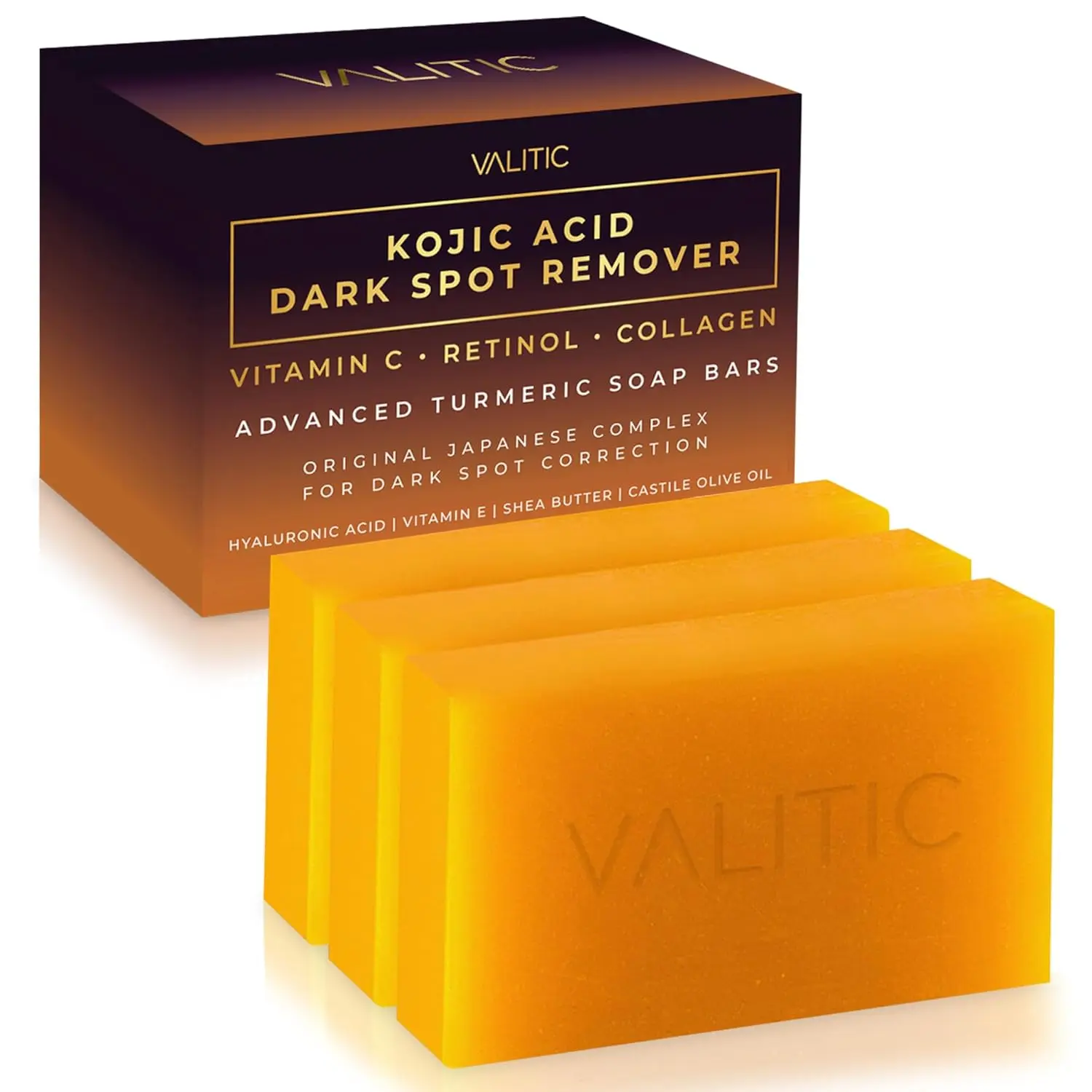 Valitic Kojic Acid Dark Spot Remover Soap Bars with Vitamin C, Retinol, Collagen, Turmeric - Original Japanese Complex Infused with Hyaluronic Acid, Vitamin E, Shea Butter, Castile Olive Oil (3 Pack)