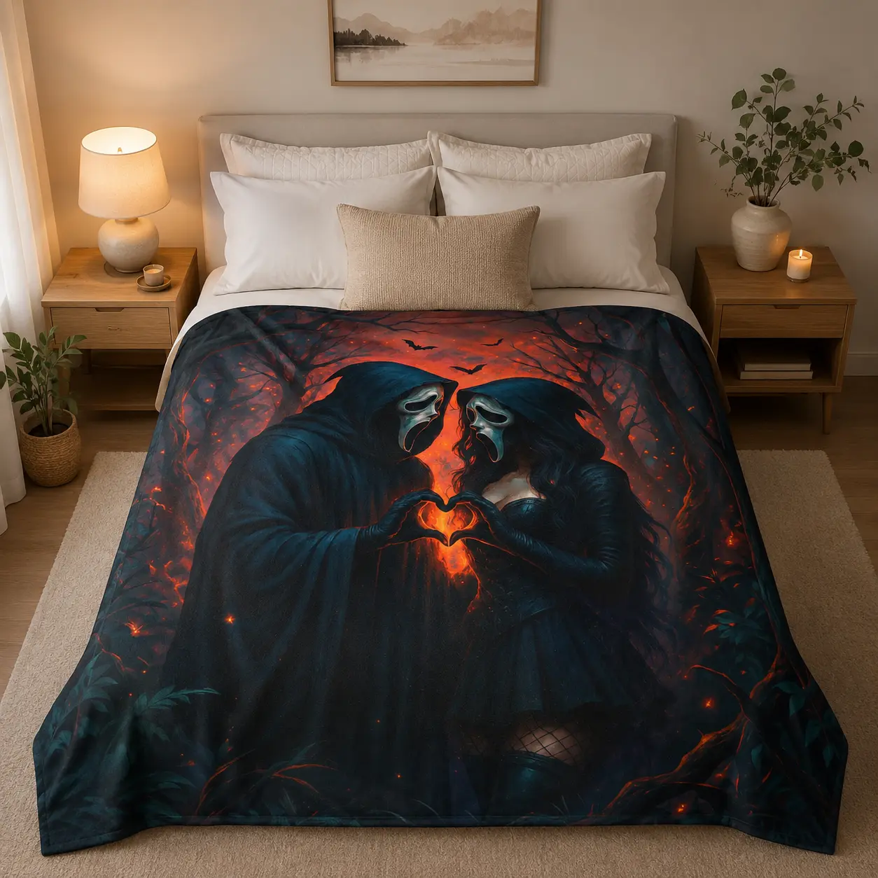 Hooded Lovers Flannel Blanket Gothic Romance Print Soft Cozy Lightweight Polyester Plush Throw Blanket All Season Body Warming Dark Decorative Blanket for Sofa Bed Bedroom Living Room Anniversary Birthday Gift