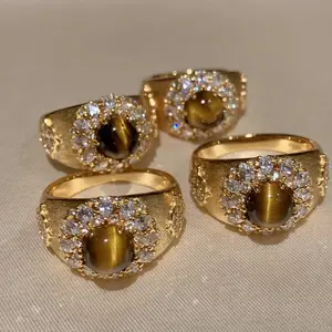 Vintage Golden Tiger Eye Ring for Women Men, Retro Chunky Statement Ring, Bling Crystal Oval Gem Ring, Luxury Bold Jewelry, TikTok Trendy Gift for Her & Him