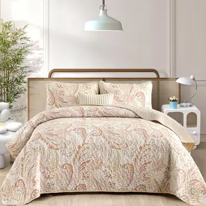 Coral Quilt  Set,Boho Paisley Floral  Bedspread Coverlet Set with 2 Pillowcases,Lightweight Microfiber Bohemian Quilt  Set 96"90"