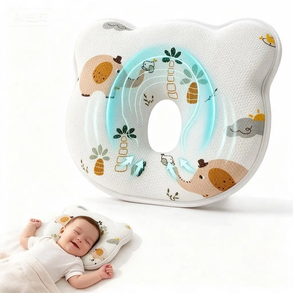 Newborn Memory Foam Pillow, Soft Breathable Cotton, Machine-Washable, Neck Support, Flat Head Prevention