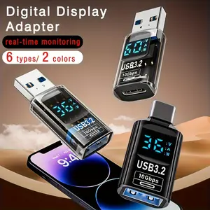A USB 3.2 adapter (USB-C male to female) with real-time speed display - USB 3.2 Gen 2, transparent shell, fast charging and data transfer, compatible with PC, laptop, smartphone, tablet - compatible with USB 3.0/2.0/1.1 devices, multi device adapter