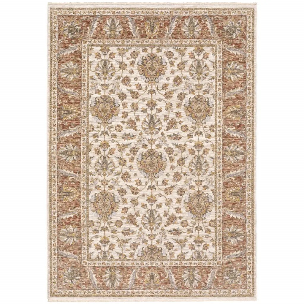 212 MAIN 5x8 ft Rust & Ivory Oriental Area Rug, Classic Stain-Resistant Polyester with Low Pile and Fringe for Living Room, Polyester Rug