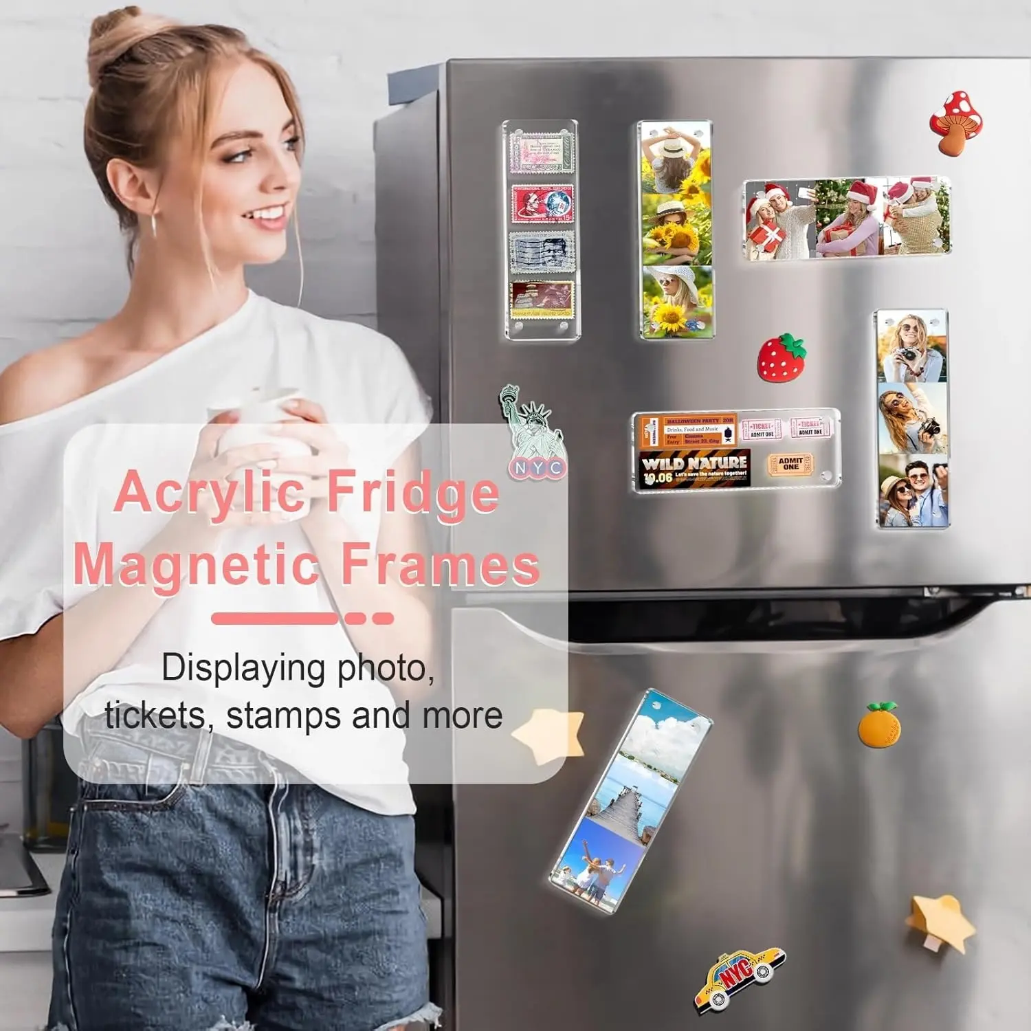 2 Packs Romantic Acrylic Magnetic Photo Clip for Fridge, Clear Rectangular Photo Frame Holds 2x6 Inch Photos, Double-Sided Display & Rounded Corners Design, Perfect for Family Photos, Polaroid Pictures and Instax Photos, DIY Customizable Couples Gifts