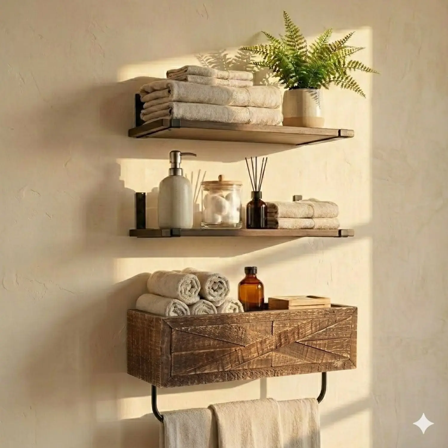 Rustic Farmhouse Bathroom Shelves with Towel Bar, Wall Mounted Wood Storage Shelf